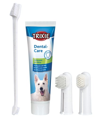 Trixie Dental Hygiene Set | Komplett fogápoló szett mentás fogkrémmel és ujjkefékkel kutyák részére – 100 g
