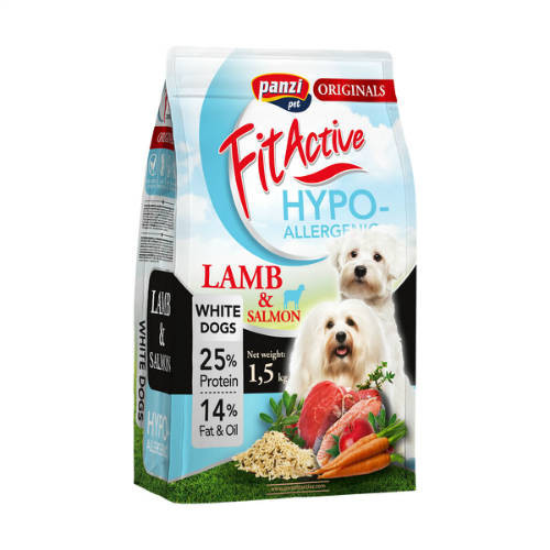 Panzi | FitActive WhiteDogs Hypoallergenic | Világos színű felnőtt kutyáknak | Száraztáp | Bárány  - 1,5 kg
