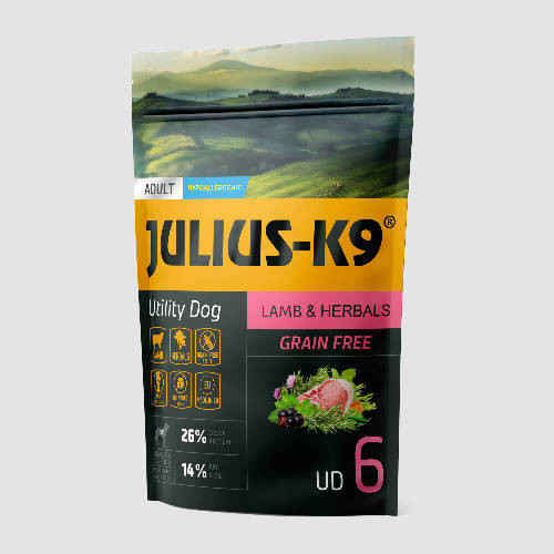 Julius K-9 | Utility Dog Hypoallergenic | Száraztáp | Felnőtt kutyáknak | Bárány, gyógynövény - 340 g