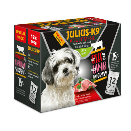 JULIUS-K9 | Adult Menu Beef & Lamb (marha,bárány) - Nedves eledel válogatás kutyák részére - 12x100g