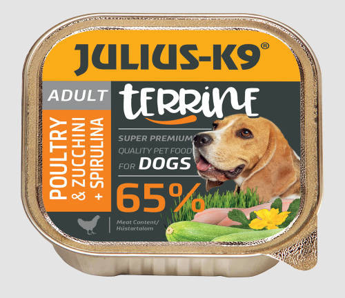 Julius K-9 | Dog Terrine | Felnőtt kutyáknak | Alutálas | Szárnyas, spirulina és cukkini - 150 g