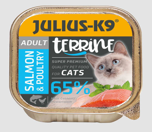 Julius K-9 | Cat Terrine | Felnőtt macskáknak | Alutálas | Nedveseledel | Lazac, szárnyas - 100 g