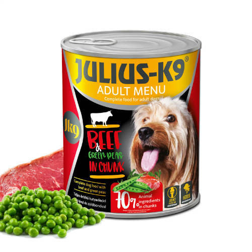 Julius K-9 | Felnőtt kutyáknak | Konzerv | Marha és borsó - 800 g