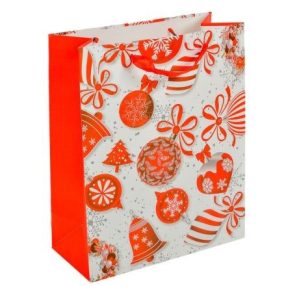 Ajándéktasak | Piros-fehér díszek - 26x32cm