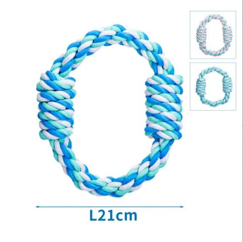 Nobleza | Fonott pamut kötél kutya játék csomókkal – 21 cm (Rózsaszín, zöld, kék)