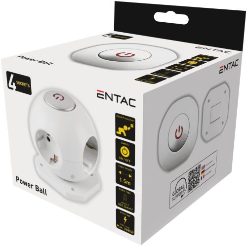 Entac |Gömb Elosztó - 4 Foglalattal, Kapcsolóval -1.5m 3G1.5