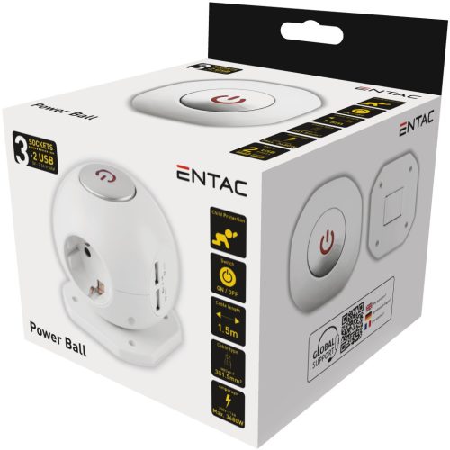 Entac |Gömb Elosztó 3 Foglalattal - 2x2.1A USB-vel Kapcsolóval, 1.5m - 3G1.5
