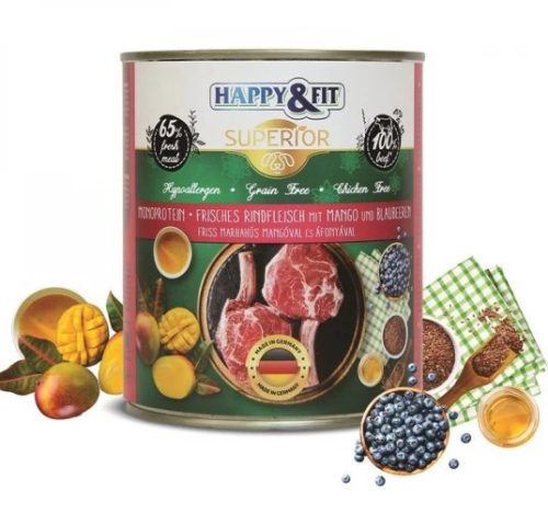 Happy&Fit | Superior Dog Konzerv | Friss Marhahús mangóval, áfonyával, Teljes értékű eledel, felnőtt kutyák számára - 800 g