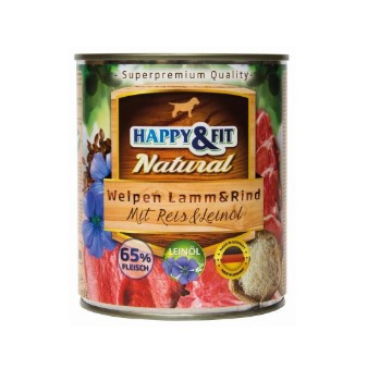 Happy&Fit | Natural Dog Konzerv  Junior | Teljes értékű táp, Bárány & Marha Rizzsel & Lenmagolajjal, kölyök kutya számára - 800g