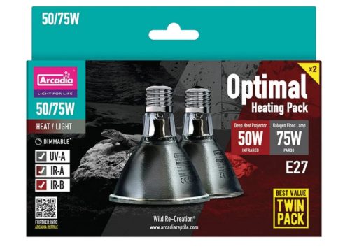 Arcadia | Optimal Heating Pack | Kétfokozatú hő- és fényforrás csomag nappali hüllők számára – 50 W + 75 W
